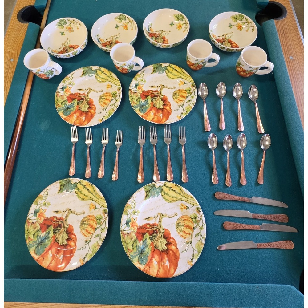 32 Piece Pier 1 Ironstone Pumpkin Patch Autumn Fall Plates Cups Bowls Silverware